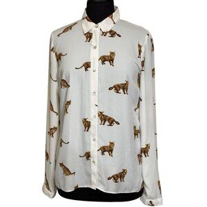 Forever 21 Bengal Cats White Sheer Button-Down Blouse Junior's Size Small